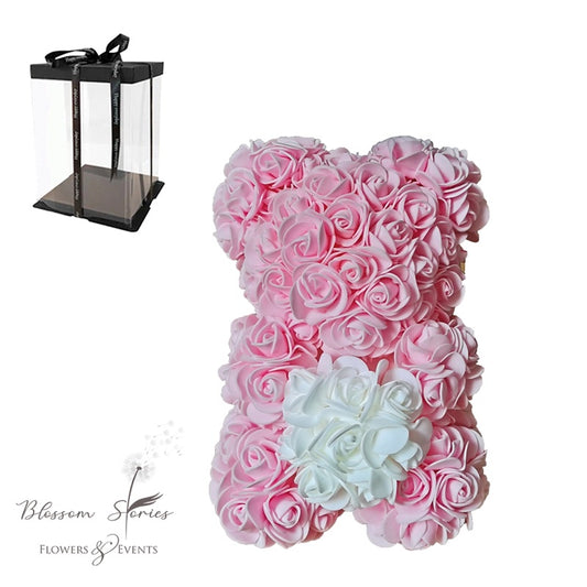 Rose bear Ροζ με λευκή καρδούλα 25cm