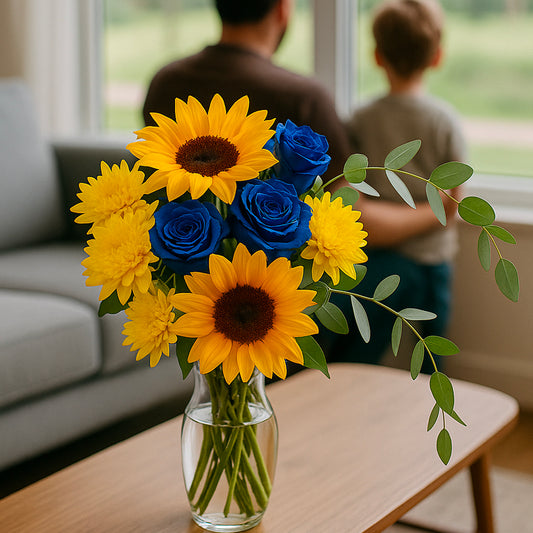 Ανθοδέσμη με ηλίανθους, μπλε τριαντάφυλλα, κίτρινα χρυσάνθεμα και πράσινο φύλλωμα σε λευκό φόντο – Blossom Stories