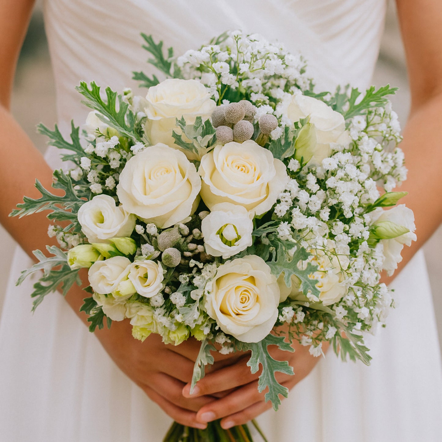 Νυφική ανθοδέσμη με λευκά τριαντάφυλλα, αλυσίανθο, γυψοφίλη και brunia silver σε λευκό φόντο