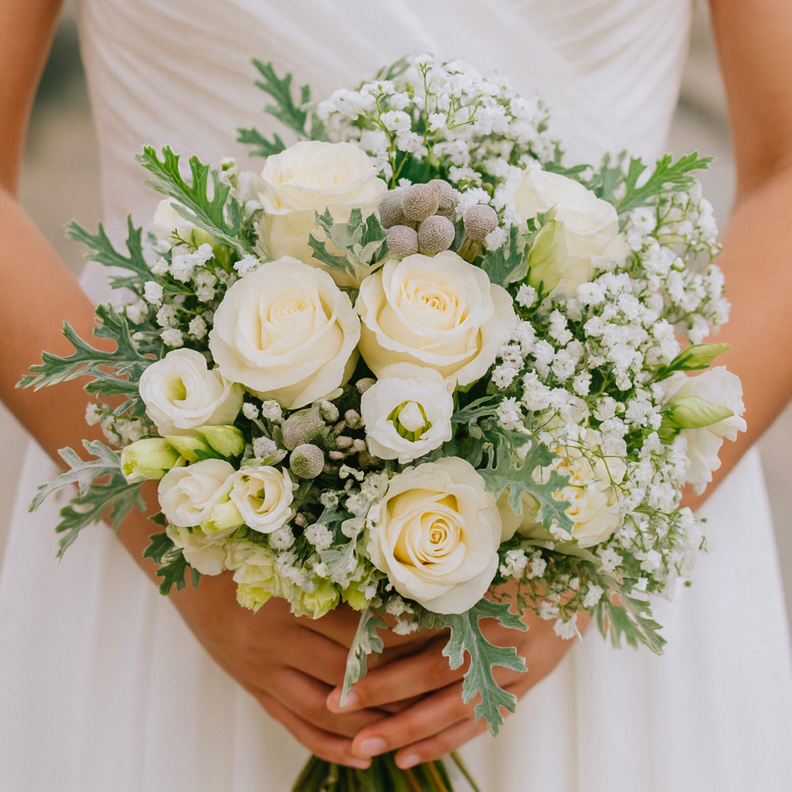 Νυφική ανθοδέσμη με λευκά τριαντάφυλλα, αλυσίανθο, γυψοφίλη και brunia silver σε λευκό φόντο