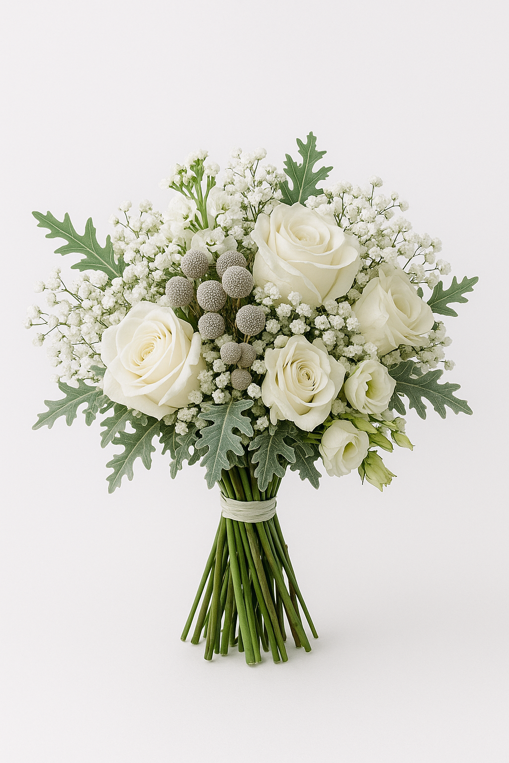 Νυφική ανθοδέσμη με λευκά τριαντάφυλλα, αλυσίανθο, γυψοφίλη και brunia silver σε λευκό φόντο