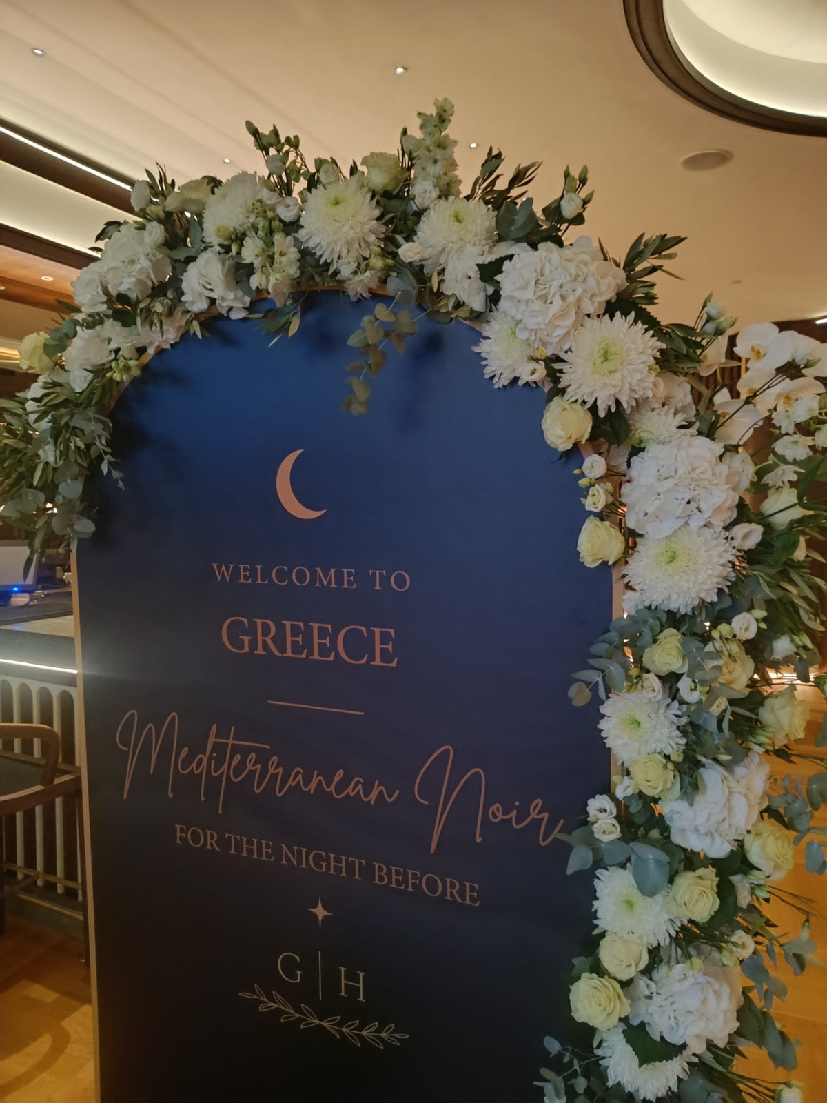 Elegant wedding welcome sign with fresh flowers for a destination wedding in Athens Greece