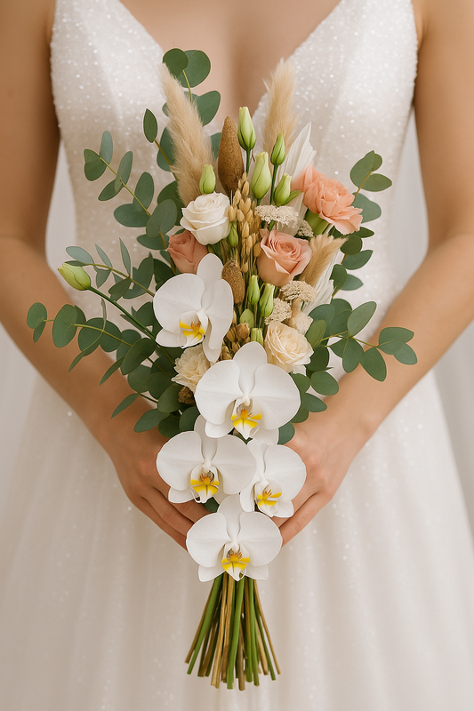 Νυφική ανθοδέσμη με λευκές ορχιδέες Phalaenopsis, τριαντάφυλλα και boho στοιχεία σε λευκό φόντο – Blossom Stories