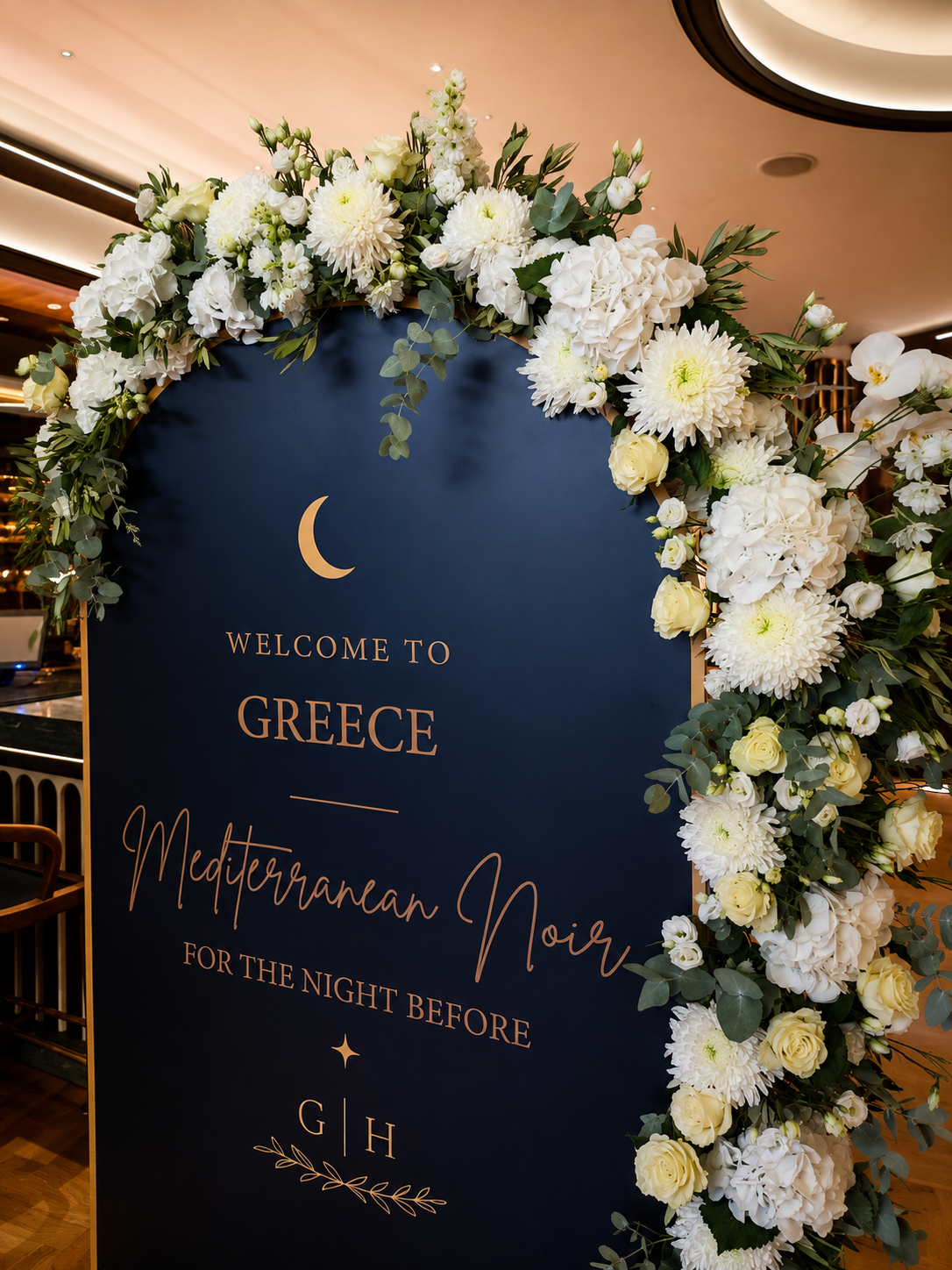 White orchid wedding floral installation for a luxury destination wedding in Greece