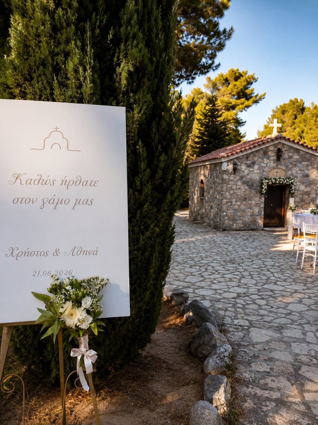 Ανθοστολισμός γάμου minimal λευκό στυλ στο La foret